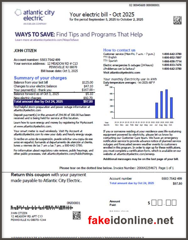 Atlantic City Electric - New Jersey Utility Bill Template